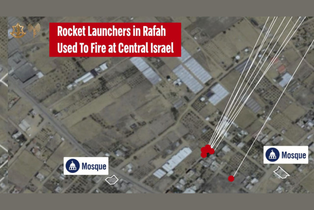  Infographic showing the location of rocket launchers used to fire rockets toward central Israel from Rafah. (credit: IDF SPOKESPERSON'S UNIT)