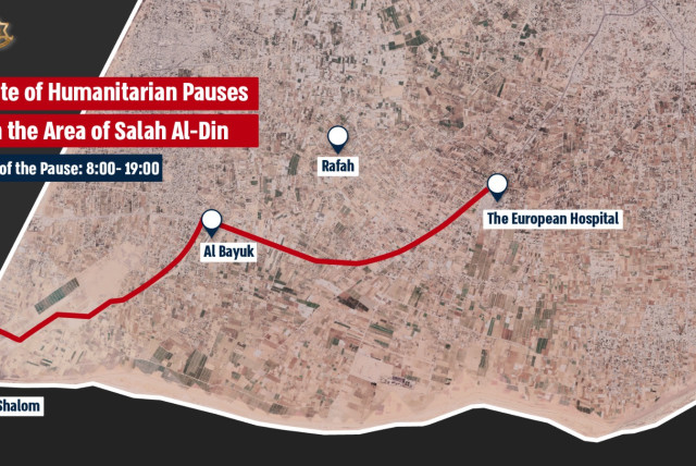  Map of the route in which the humanitarian pause is expected to take place in the Gaza Strip. June 16, 2024. (credit: IDF SPOKESPERSON'S UNIT)