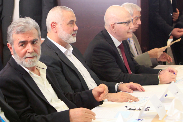  Hamas Chief Ismail Haniyeh and Islamic Jihad Chief Ziyad al-Nakhalah attend the Palestinian factions' meeting over Israel and the United Arab Emirates' deal to normalise ties, in Beirut, Lebanon September 3, 2020.  (credit: REUTERS/AZIZ TAHER)