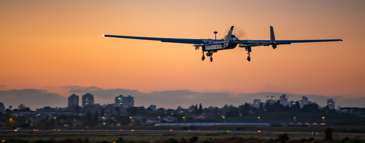  FUTURE FRAMED by drones: A large Israel Air Force drone touches down. 