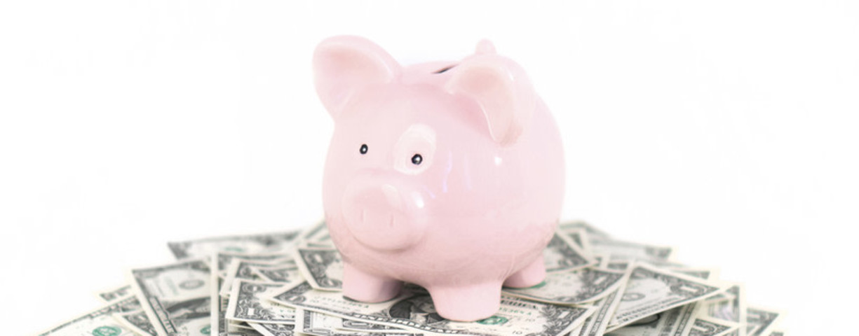  Illustrative image of a piggy bank on a pile of money.