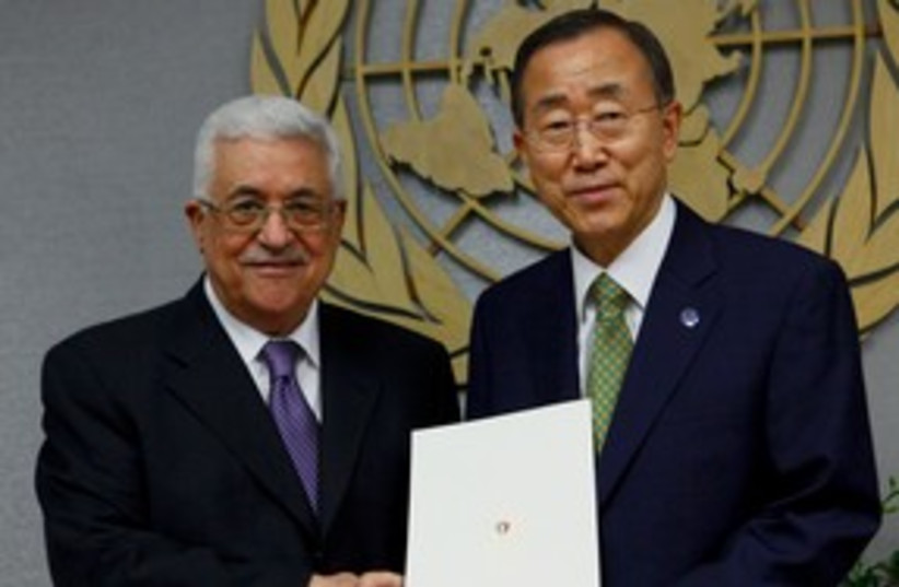PA President Abbas gives letter to Ban Ki-moon 311 (R) (photo credit: REUTERS/Eric Thayer)