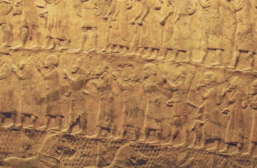 Part of a relief on display at the British Museum. (credit: MIKE PEEL/WWW.MIKEPEEL.NET/WIKIMEDIA COMMONS)
