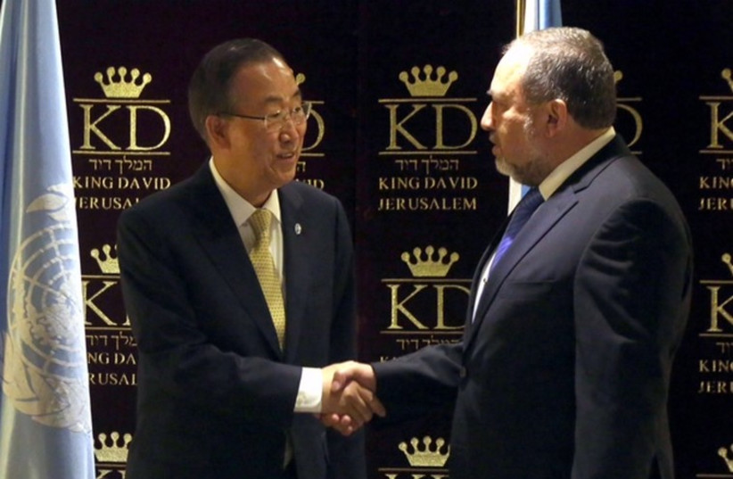Liberman and UN Secretary General Ban Ki Moon (photo credit: YOSSI ZAMIR)