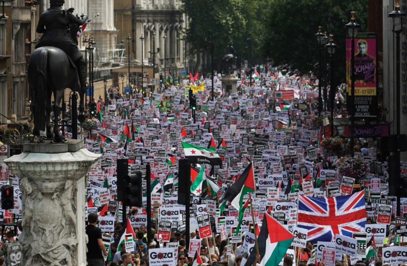 Hundreds of demonstrators march up Whitehall, in central London, as they protest against Israel’s military action in Gaza on July 19, 2014 (photo credit: REUTERS)