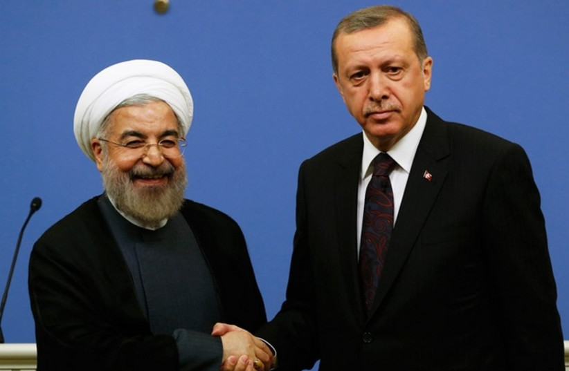 Iran's President Hassan Rouhani shakes hands with Turkish Prime Minister Tayyip Erdogan (photo credit: REUTERS)