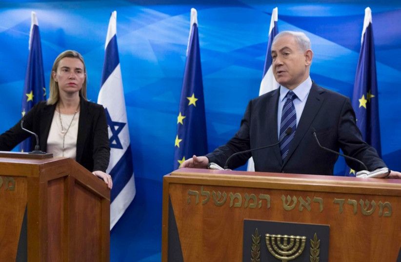 EU foreign policy chief Federica Mogherini (L) at a media conference with PM Benjamin Netanyahu in Jerusalem November 7, 2014 (photo credit: REUTERS)