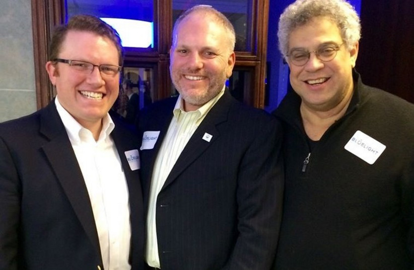From left to right, Aaron Keyak, JFNA's William Daroff and Steve Rabinowitz at the soft launch of Bluelight Strategies (credit: Courtesy)