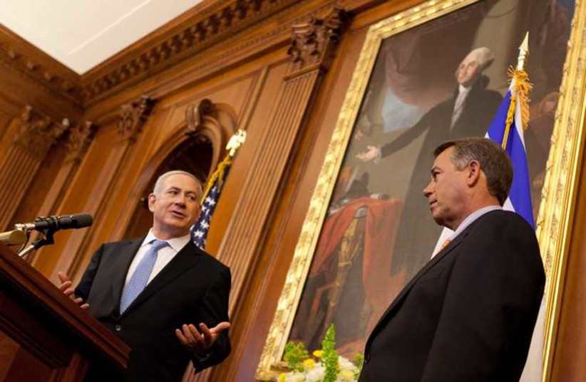 Prime Minister Benjamin Netanyahu thanks Speaker Boehner following his address to a joint meeting of Congress in the Rayburn Room of the US Capitol, May 24, 2011 (photo credit: SPEAKER.GOV)