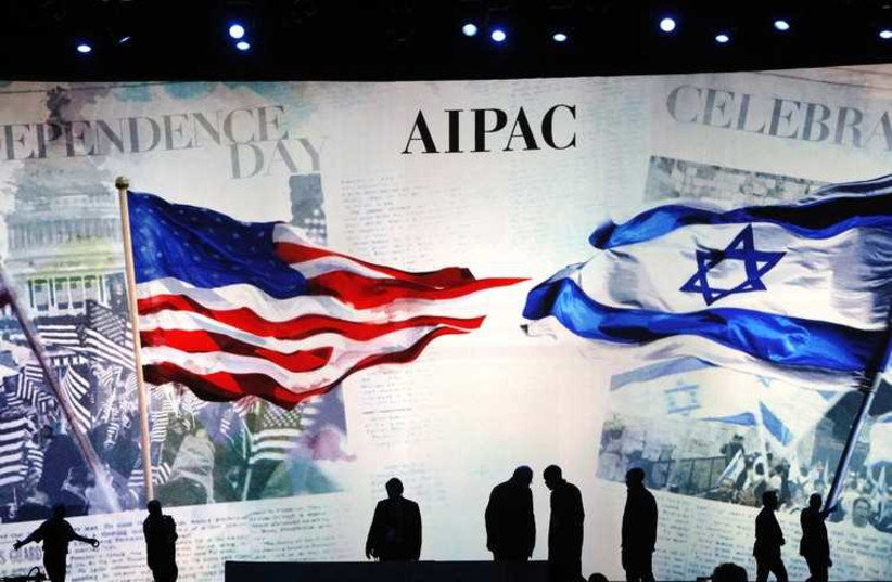 The stage at the 2017 AIPAC conference. (photo credit: REUTERS)