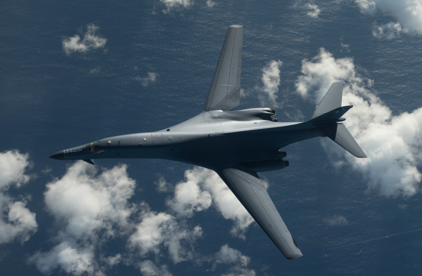 One of two US Air Force B-1B Lancer bombers flies a 10-hour mission from Andersen Air Force Base, Guam, into Japanese airspace and over the Korean Peninsula, July 30, 2017. (photo credit: US AIR FORCE PHOTO VIA REUTERS)