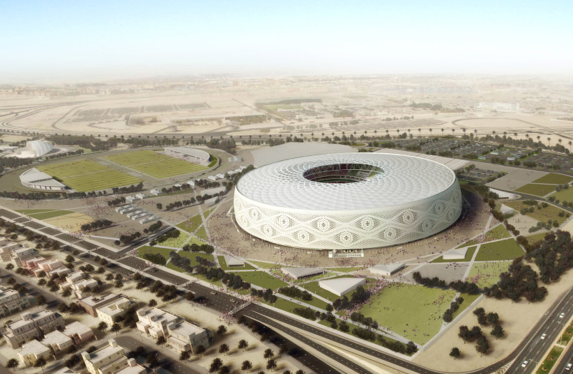 Doha's Al Thumama stadium, designed by a Qatari architect in the shape of a traditional knitted "gahfiya" Arabian cap, is seen in this artist illustration released on August 20, 2017 (photo credit: REUTERS)