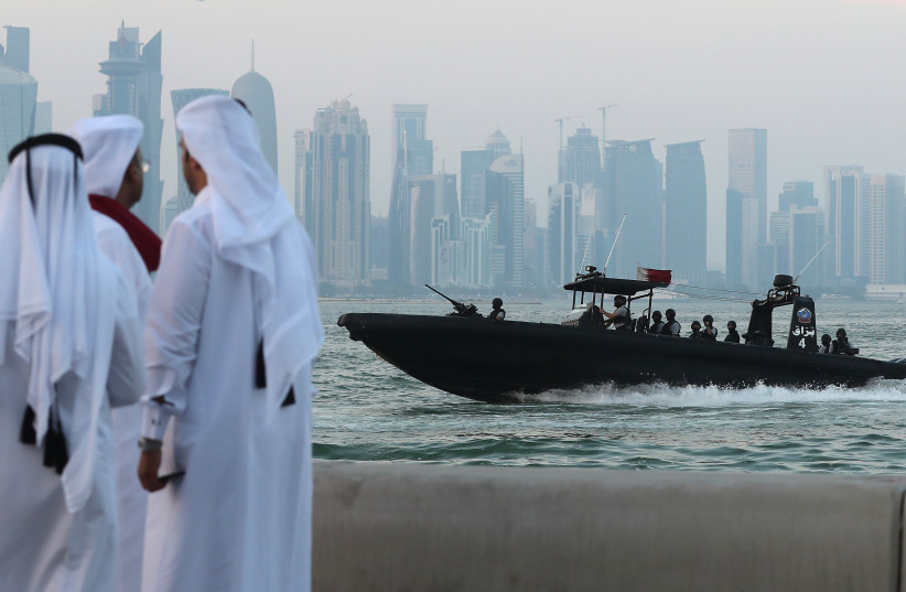 A general view taken on September 24, 2017 shows the Navy Special Forces off the coast of the Qatari capital, Doha.  (photo credit: KARIM JAAFAR / AFP)
