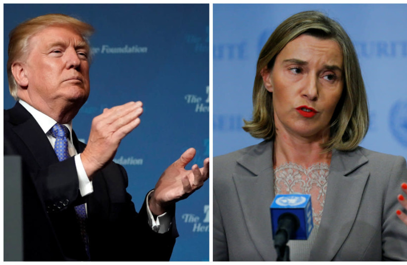 A compilation photo of Federica Mogherini and Donald Trump (photo credit: EDUARDO MUNOZ&JOSHUA ROBERTS/REUTERS)