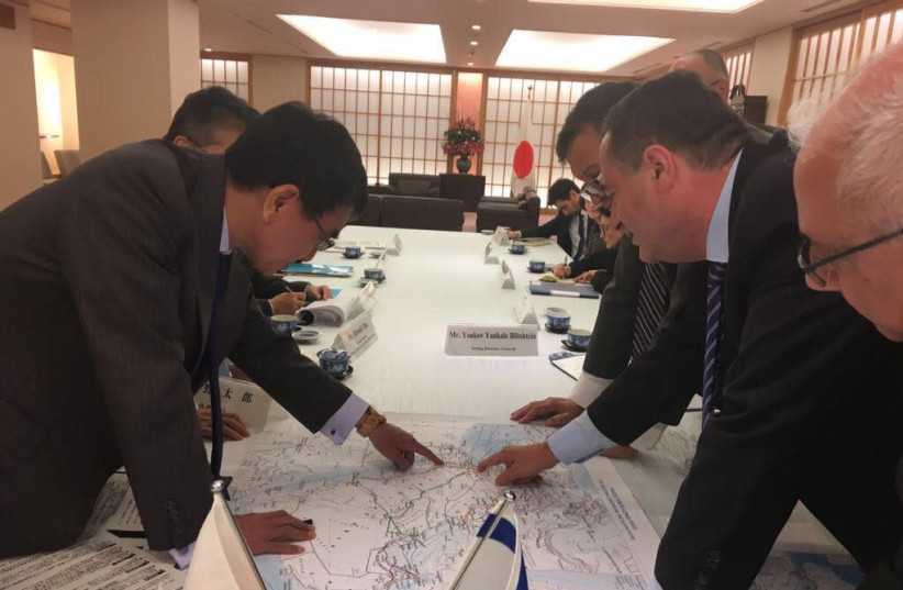 Intelligence and Transportation Minister Israel Katz with Japanese Foreign Minister Taro Kono, October 24, 2017.  (photo credit: INTELLIGENCE AND TRANSPORTATION MINISTER ISRAEL KATZ'S SPOKESPERSON'S UNIT)