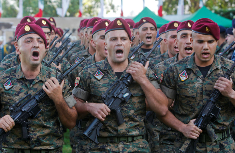 Lebanese army soldiers take part in a parade at a military academy marking the 72nd Army Day in Fayadyeh, near Beirut (photo credit: REUTERS)