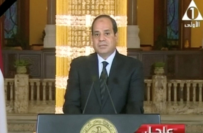 Egyptian President Abdel Fattah Al Sisi gives a televised statement on the attack in North Sinai, in Cairo, Egypt November 24, 2017 (credit: EGYPT STATE TV/ VIA REUTERS)