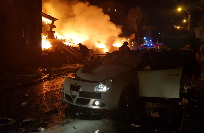 Scene of a large explosion and fire in Jaffa, November 27, 2017 (photo credit: MAGEN DAVID ADOM)
