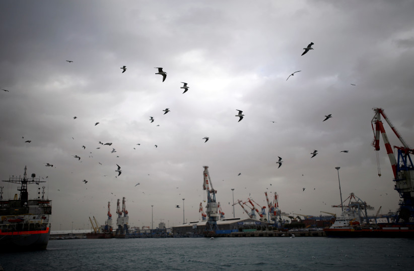 A general view shows seagulls in Ashdod port as a storm approaches Israel's shores January 4, 2018. (photo credit: REUTERS/AMIR COHEN)