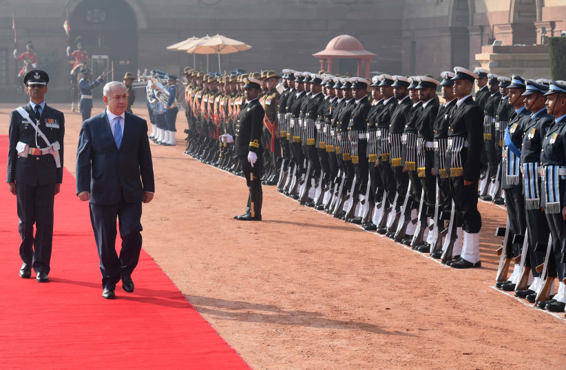 Israeli Prime Minister Benjamin Netanyahu during a ceremony at New Delhi's presidential palace, January 15, 2018 (photo credit: GPO)