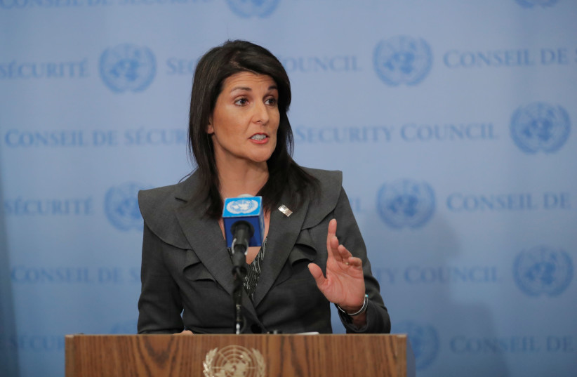 US Ambassador to the United Nations Nikki Haley speaks at UN headquarters in New York (photo credit: LUCAS JACKSON/REUTERS)