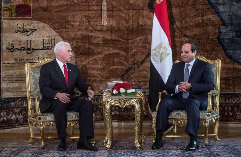 Egyptian President Abdel Fattah al-Sisi meets with with US Vice President Mike Pence at the Presidential Palace in Cairo, Egypt January 20, 2018 (photo credit: REUTERS/KHALED DESOUKI/POOL)