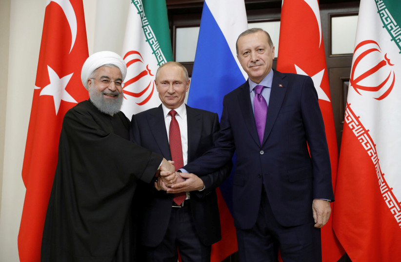 Iran's President Hassan Rouhani, Russia's Vladimir Putin and Turkey's Tayyip Erdogan meet in Sochi, Russia. (photo credit: REUTERS)