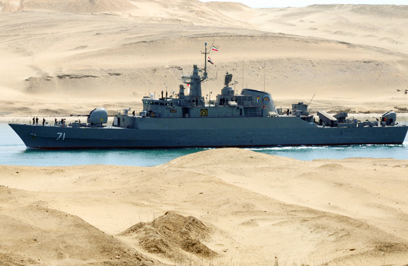 An Iranian naval ship travels through the Suez Canal near Ismailia, some 120 km (75 miles) north of Cairo February 22, 2011. (photo credit: REUTERS)