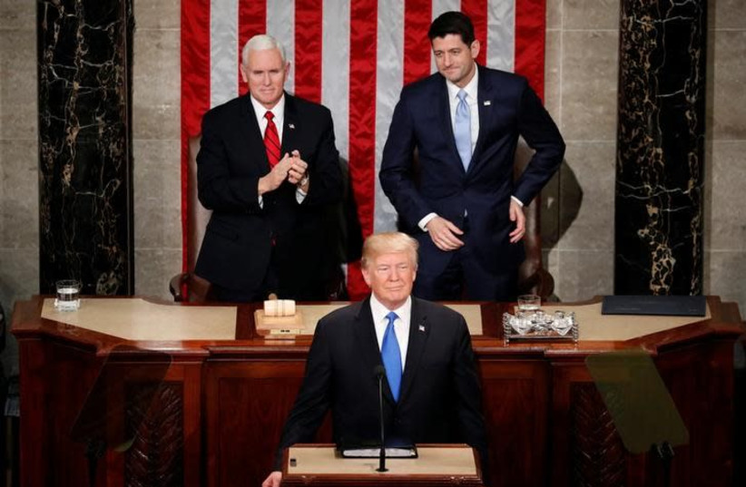 US President Donald Trump delivers his State of the Union address to a joint session of the US Congress on Capitol Hill in Washington, US January 30, 2018 (photo credit: REUTERS/JOSHUA ROBERTS)