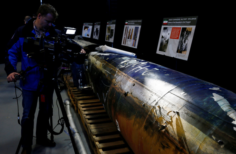 A missile that the U.S. Department of Defense says is a "Qiam" ballistic missile manufactured in Iran and that the Pentagon says was fired by Houthi rebels from Yemen into Saudi Arabia on July 22, 2017 is seen on display at a U.S. military base in Washington, U.S. (photo credit: JIM BOURG/ REUTERS)