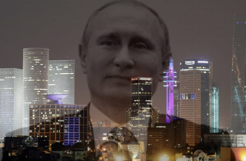 Vladimir Putin and a cityscape of Tel Aviv (photo credit: AMIR COHEN/REUTERS)