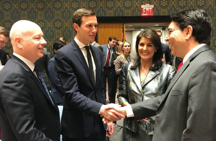 Ambassador Danny Danon with US envoys Jared Kushner and Jason Greenblatt and US Ambassador Nikki Haley (photo credit: ISRAEL MISSION TO THE UN)