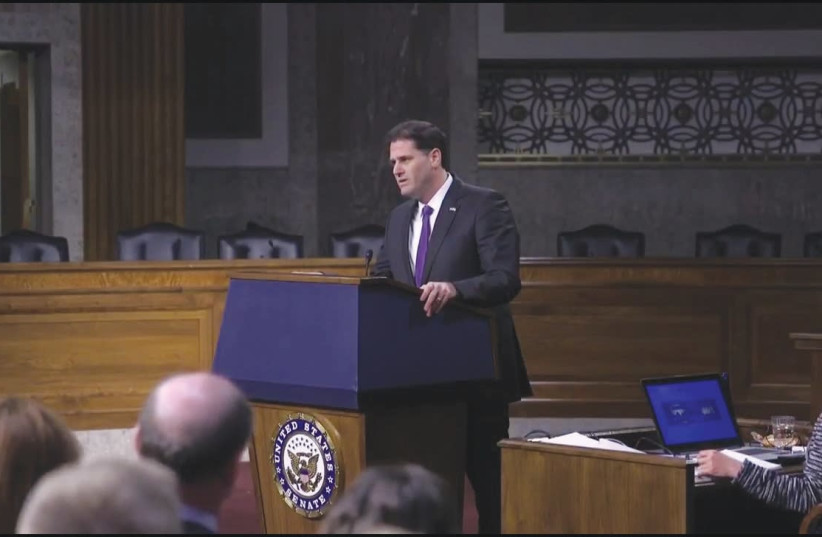 AMBASSADOR to the US Ron Dermer addresses the Senate in Washington this week. (photo credit: screenshot)