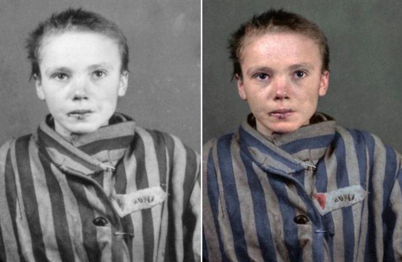 Original black and white and colorized photo of Holcoaust victim Czeslawa Kwoka (photo credit: WILHELM BRASSE/ MARINA AMARAL/ TWITTER)