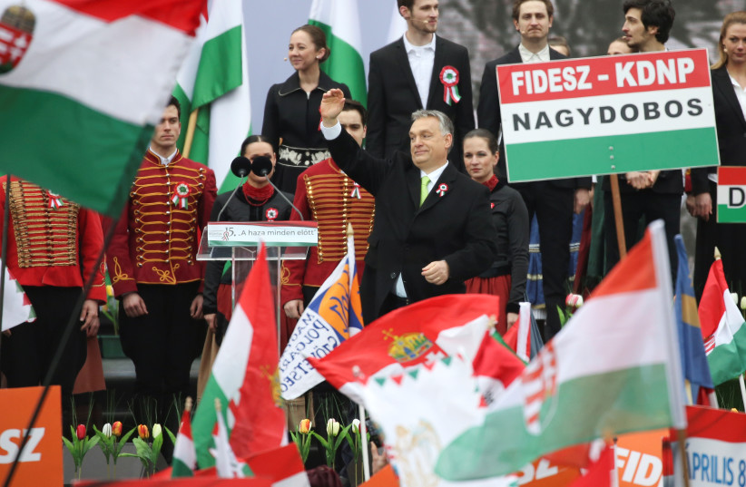 Hungary's Prime Minister Viktor Orban speaks during Hungary's National Day celebrations in Budapest (photo credit: MARKO DJURICA / REUTERS)