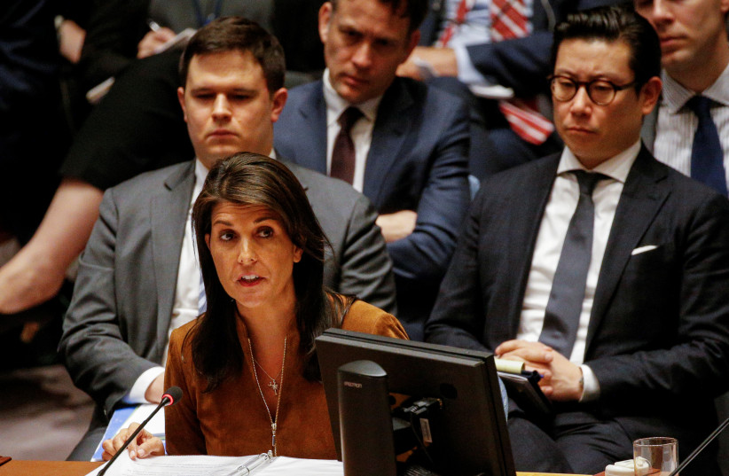 United States Ambassador to the United Nations Nikki Haley addresses the United Nations Security Council meeting on Syria at the U.N. headquarters in New York, April 9, 2018 (photo credit: BRENDAN MCDERMID/REUTERS)