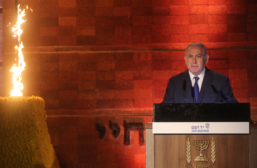 Prime Minister Benjamin Netanyahu speaks at Yad Vashem's Holocaust Remembrance Day ceremony (photo credit: MARC ISRAEL SELLEM/THE JERUSALEM POST)