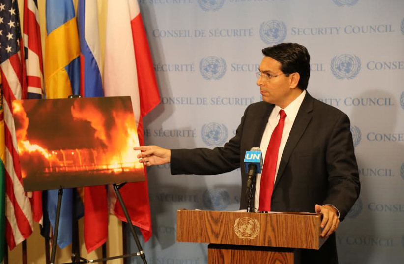 Israeli Ambassador to the UN Danny Danon speaks before a UN Security Council meeting, May 15th, 2018. (photo credit: ISRAEL MISSION TO THE UN)