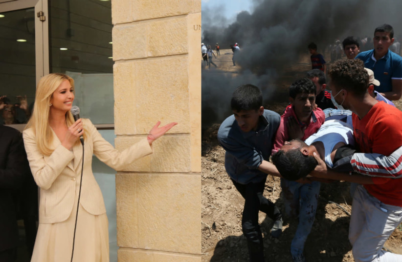 Ivanka Trump at the opening of the US embassy in Jerusalem (L), and a wounded Palestinian is evacuated during a protest at the Israel-Gaza border in the southern Gaza Strip (R). May 14, 2018 (photo credit: REUTERS + MARC ISRAEL SELLEM)