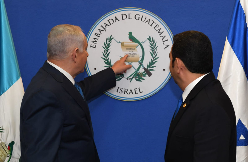 Prime Minister Benjamin Netanyahu with Guatemalan President Jimmy Morales at the opening of the Guatamalan embassy in Jerusalem (photo credit: KOBI GIDEON/GPO)
