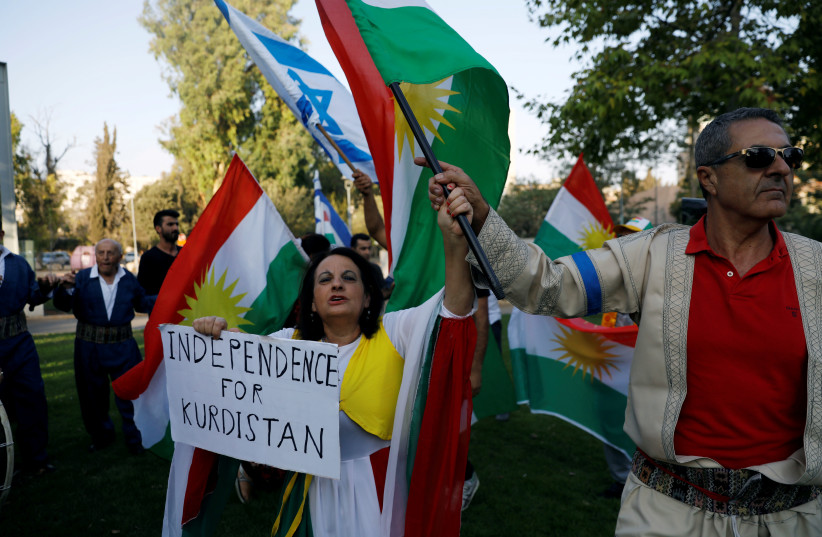 Israelis from Kurdish origin take part in a rally in support of the Kurdish referendum outside the American consulate in Jerusalem September 24, 2017 (photo credit: RONEN ZVULUN / REUTERS)