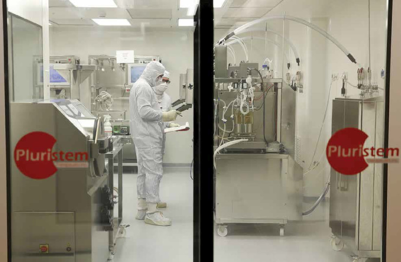 Biologists work in a laboratory at Pluristem Therapeutics Inc. in Haifa (photo credit: BAZ RATNER/REUTERS)