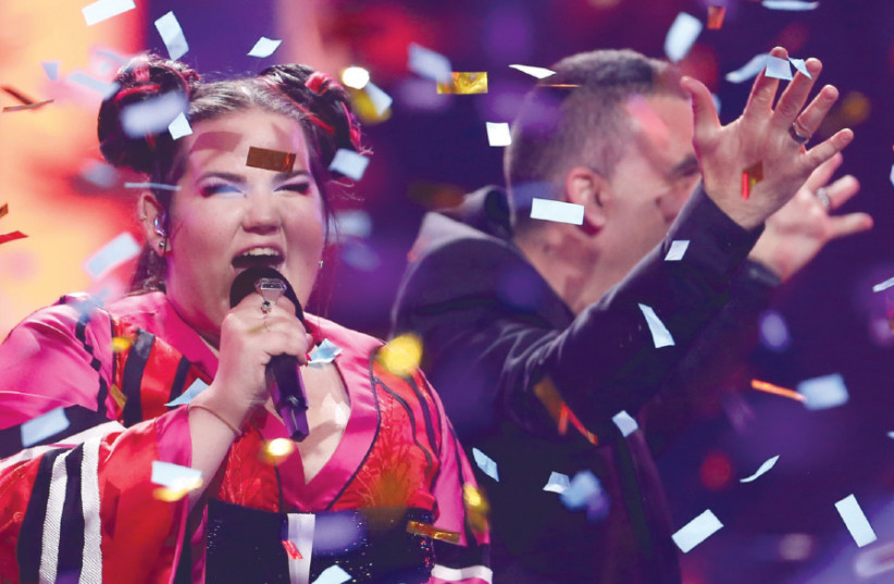 Netta Barzilai performs after winning the Grand Final of Eurovision Song Contest 2018 at the Altice Arena hall in Lisbon, Portugal, on May 12 (photo credit: PEDRO NUNES/REUTERS)