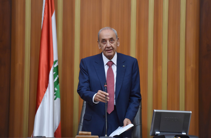 Nabih Berri, speaks after he was re-elected Lebanon's parliamentary speaker, as Lebanon's newly elected parliament convenes for the first time to elect a speaker and deputy speaker in Beirut, Lebanon May 23, 2018 (photo credit: LEBANESE PARLIAMENT/HANDOUT VIA REUTERS)