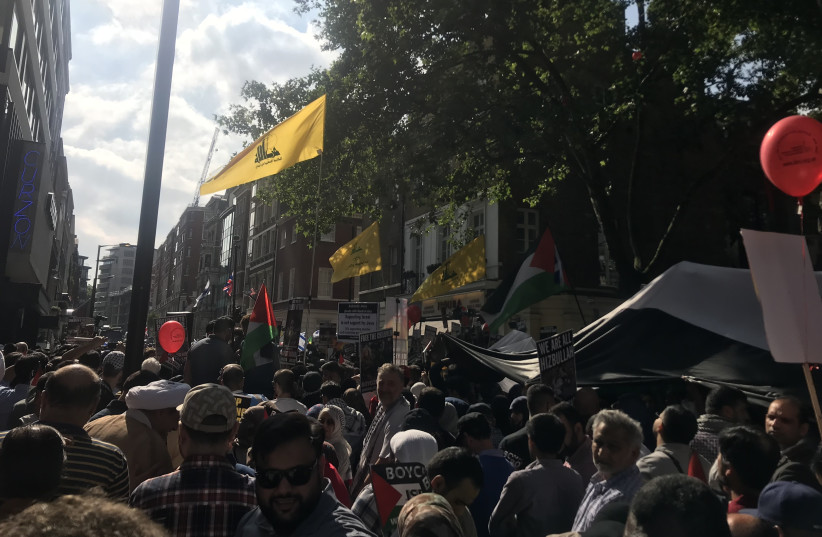 Hezbollah flags at Al-Quds Day March (photo credit: JOSH DELL)