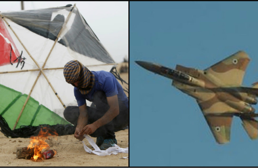 In the Gaza arena a new kite-strike equation is being put into practice  (photo credit: MOHAMMED ABED/AFP + IDF SPOKESPERSON'S OFFICE)