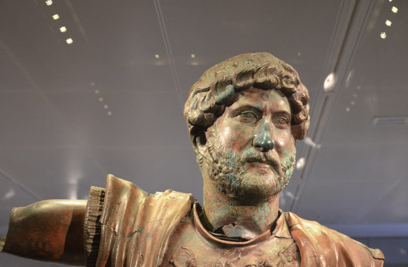 STATUE OF the Emperor Hadrian unearthed at Tel Shalem, commemorating the Roman military victory over Bar Kochba, displayed at the Israel Museum (credit: Wikimedia Commons)