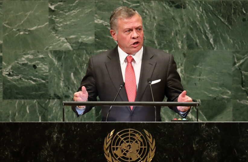 Jordan's King Abdullah II ibn Al Hussein addresses the 73rd session of the United Nations General Assembly at UN headquarters in New York, September 25, 2018 (credit: CARLO ALLEGRI/REUTERS)