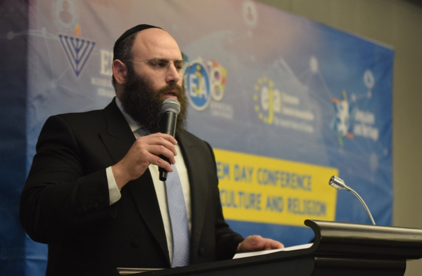 Founder and Chairman of the European Jewish Association Rabbi Menachem Margolin speaking at the opening of the EJA’s annual conference in Brussels on Tuesday (credit: YONI RYKNER)