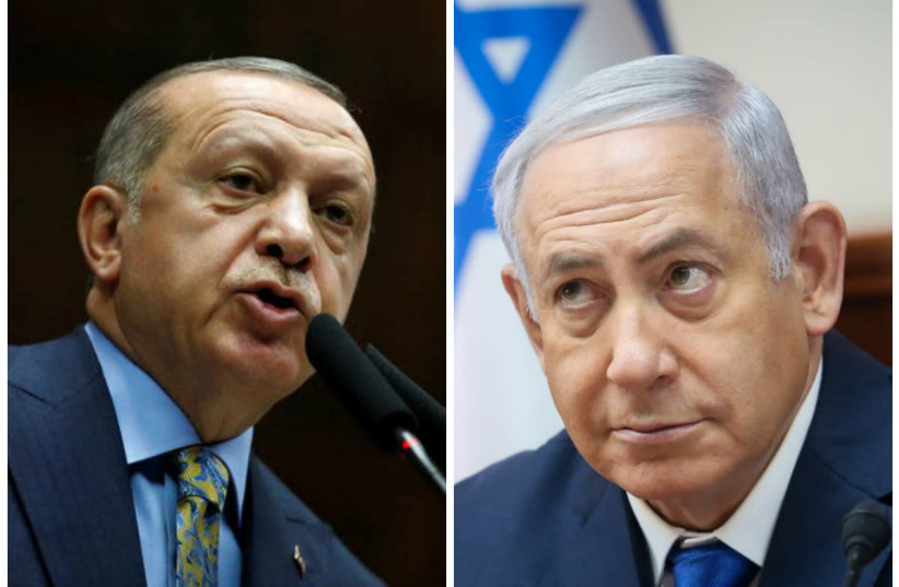 Turkish President Recep Tayyip Erdogan and Prime Minister Benjamin Netanyahu (credit: TUMAY BERKIN/REUTERS AND MARC ISRAEL SELLEM/THE JERUSALEM POST)